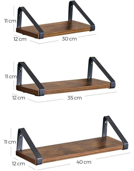 3 darabos fali polc szett, rusztikus barna 30/35/40cm