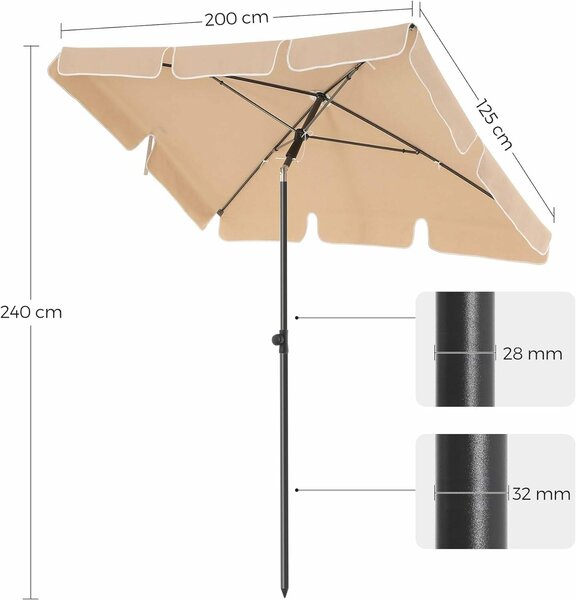 SONGMICS Napernyő teraszra, kertbe vagy strandra, dönthető, huzattal, 200x125 cm, taupe