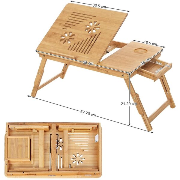 Bambusz laptop asztal szellőző lyukakkal, állítható magasság 55x35cm