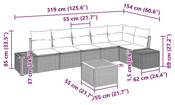 VidaXL Kerti Kanapé Szett 7 db Fekete polirattan