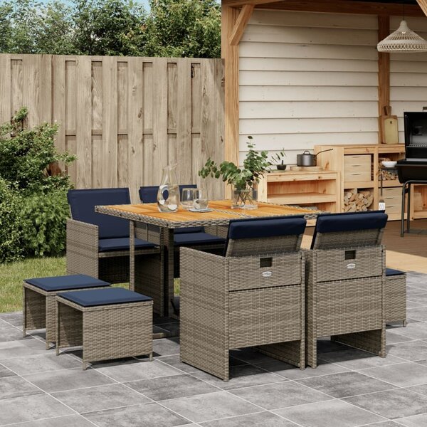 VidaXL 9 db szürke polyrattan kerti étkezőgarnitúra párnákkal