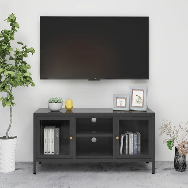 Antracitszürke acél és üveg TV-szekrény 105 x 35 x 52 cm
