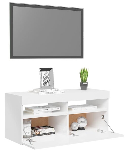 Magasfényű fehér TV-szekrény LED lámpákkal 90x35x40 cm