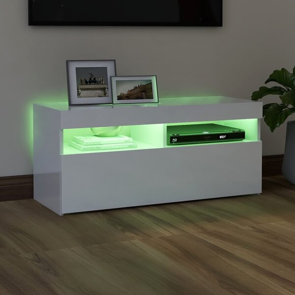 Magasfényű fehér TV-szekrény LED lámpákkal 90x35x40 cm