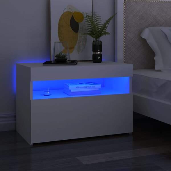 Fehér éjjeliszekrény LED-lámpákkal 60x35x40 cm szerelt fa
