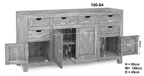 GREY WOOD rózsafa komód, masszív paliszander 95x180 cm