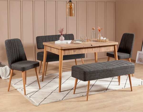 Széthúzható étkezőasztal 2 székkel és 2 paddal Vlasta (atlanti fenyő + antracit). 1073072
