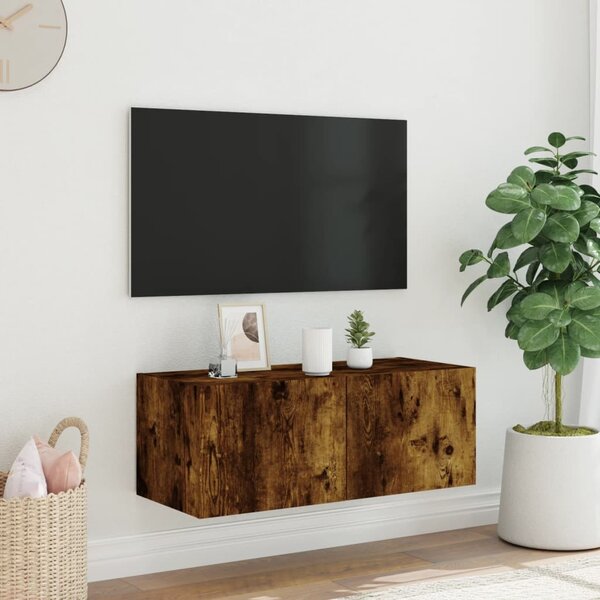 Füstös tölgy színű fali TV-szekrény LED-ekkel 80x35x31 cm