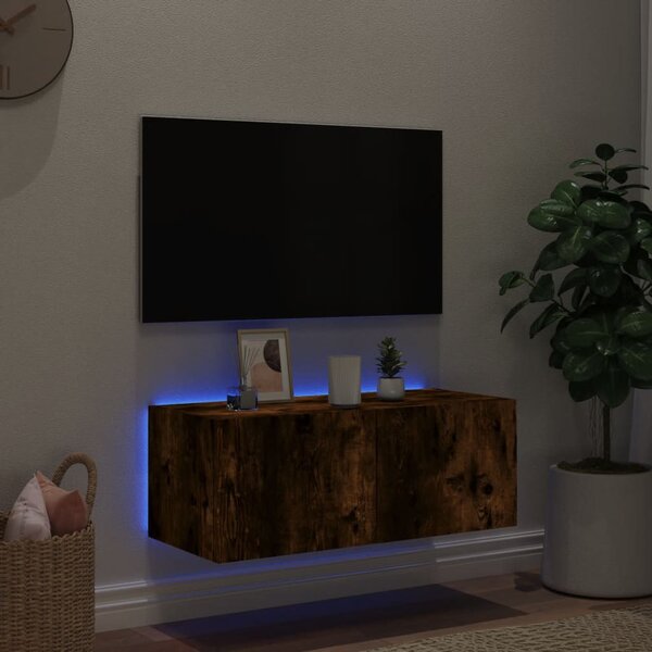 Füstös tölgy színű fali TV-szekrény LED-ekkel 80x35x31 cm