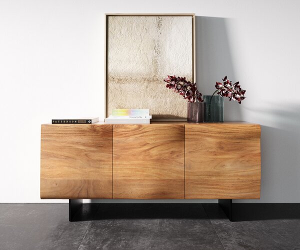 DELIFE Komód New Live-Edge 145 cm akác természetes 3 ajtós lebegő fém láb fekete