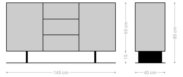 DELIFE Komód Solu 145 cm akác természetes 2 ajtós 3 fiókos lebegő fém láb fekete 3D előlap