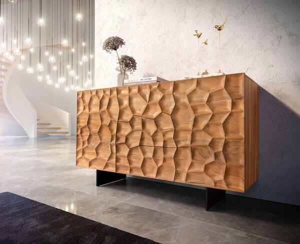 DELIFE Komód Solu 145 cm akác természetes 2 ajtós 3 fiókos lebegő fém láb fekete 3D előlap