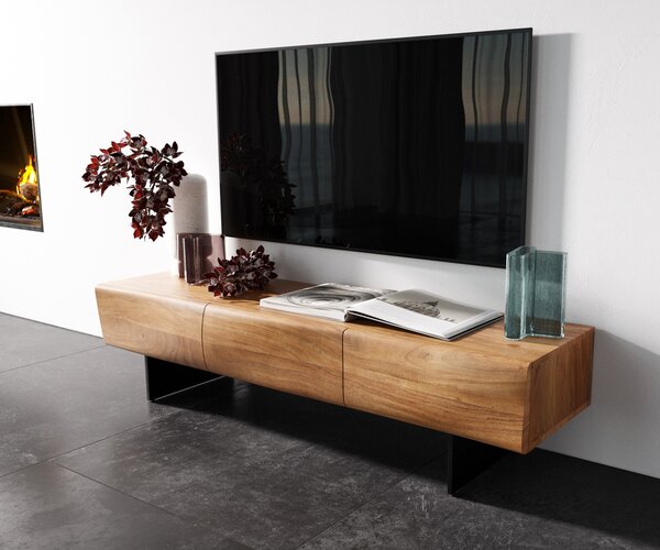 DELIFE TV szekrény New Live-Edge 145 cm akác természetes 3 ajtós lebegő fém láb fekete