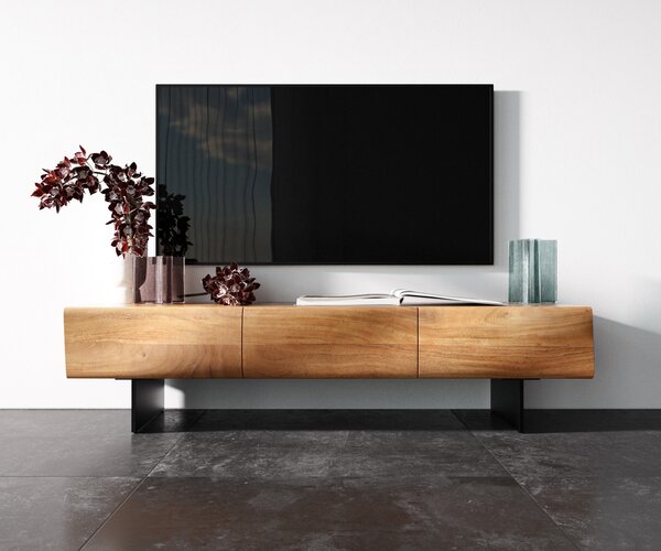 DELIFE TV szekrény New Live-Edge 145 cm akác természetes 3 ajtós lebegő fém láb fekete
