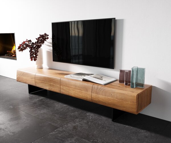 DELIFE TV szekrény New Live-Edge 200 cm akác természetes 4 ajtós lebegő fém láb fekete