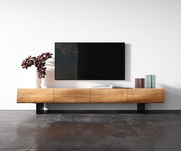 DELIFE TV szekrény New Live-Edge 200 cm akác természetes 4 ajtós lebegő fém láb fekete