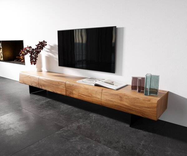DELIFE TV szekrény New Live-Edge 240 cm akác természetes 4 fiók lebegő fém láb fekete