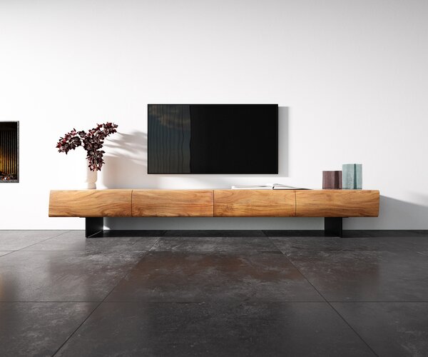 DELIFE TV szekrény New Live-Edge 240 cm akác természetes 4 fiók lebegő fém láb fekete