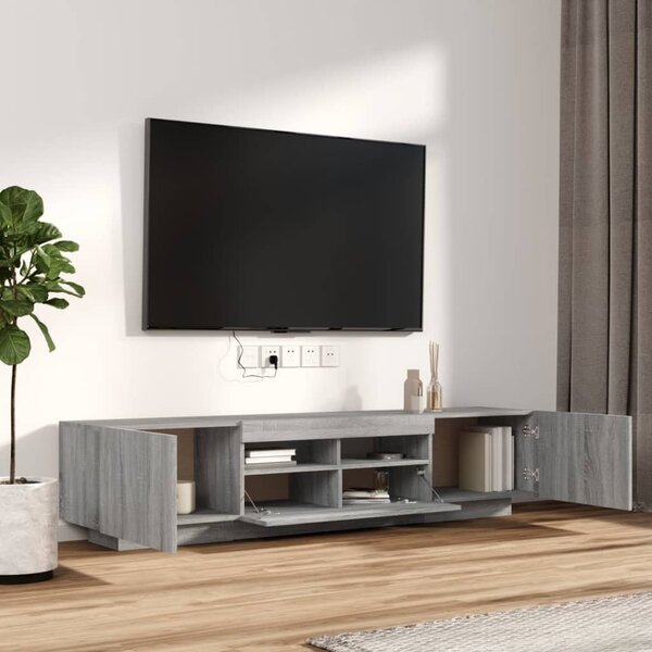 2 részes szürke sonoma színű fa TV-szekrény szett LED-lámpákkal