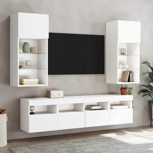 5 darab fehér szerelt fa fali TV-bútor LED-del