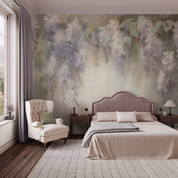 Fotótapéta Texturált, világoslila wisteria virágok, zöld levelekkel, pasztell háttér előtt, Természet fotótapéta, w09896 : Uwalls.hu