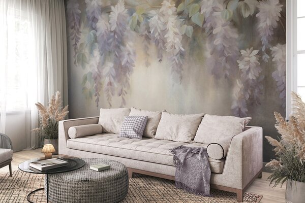 Fotótapéta Texturált, világoslila wisteria virágok, zöld levelekkel, pasztell háttér előtt, Természet fotótapéta, w09896 : Uwalls.hu