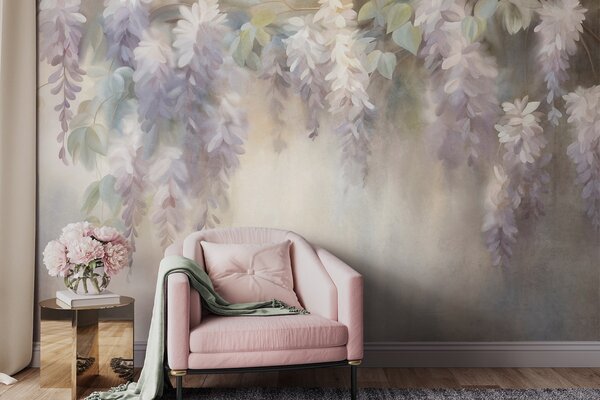 Fotótapéta Texturált, világoslila wisteria virágok, zöld levelekkel, pasztell háttér előtt, Természet fotótapéta, w09896 : Uwalls.hu