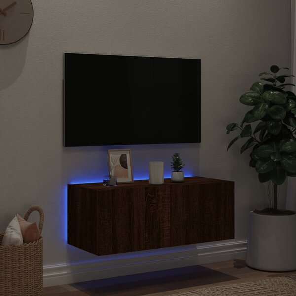 Barna tölgyszínű fali TV-szekrény LED-del 80x35x31 cm