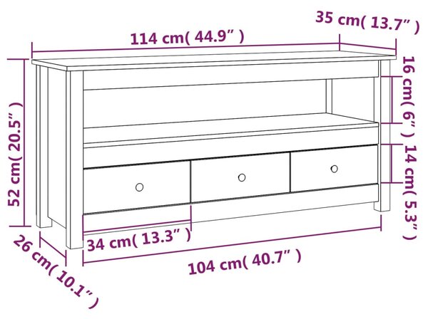 Fehér tömör fenyőfa TV-szekrény 114x35x52 cm