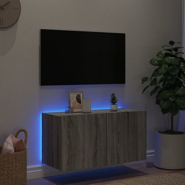 Szürke sonoma színű fali TV-szekrény LED-del 80x35x41 cm