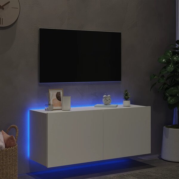 Fehér falra szerelhető TV-szekrény LED-lámpákkal 100x35x41 cm
