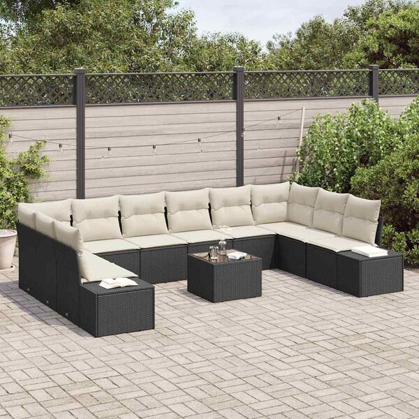Kerti Kanapé Szett párnával 10 pcs Fekete és Krém Polyrattan