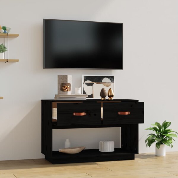 Fekete tömör fenyőfa TV-szekrény 90x40x602 cm