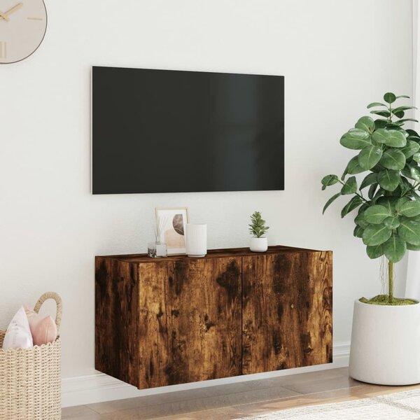 Füstös tölgy színű fali TV-szekrény LED-ekkel 80x35x41 cm