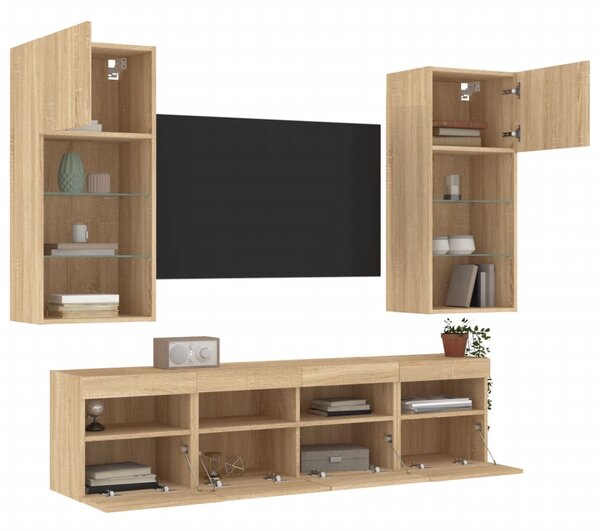 5 darab füstös tölgy színű szerelt fa TV-bútor LED-del