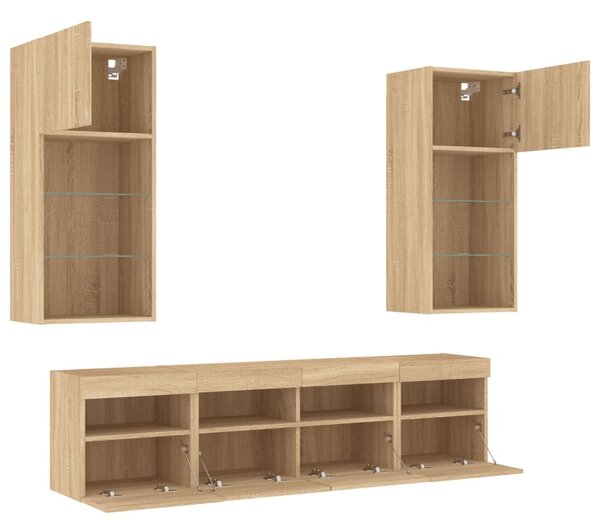 5 darab füstös tölgy színű szerelt fa TV-bútor LED-del