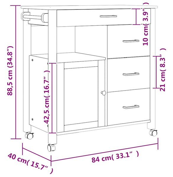 MONZA tömör fenyőfa konyhai kocsi 84 x 40 x 88,5 cm