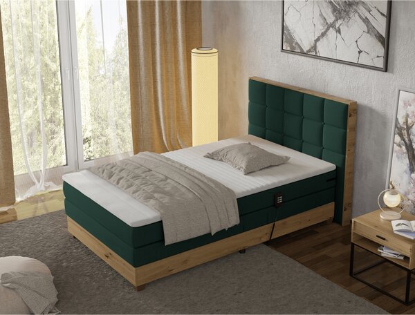 KONDELA Elektromos állítható ágy, boxspring, zöld/artisan tölgy, 120x200, TIANA