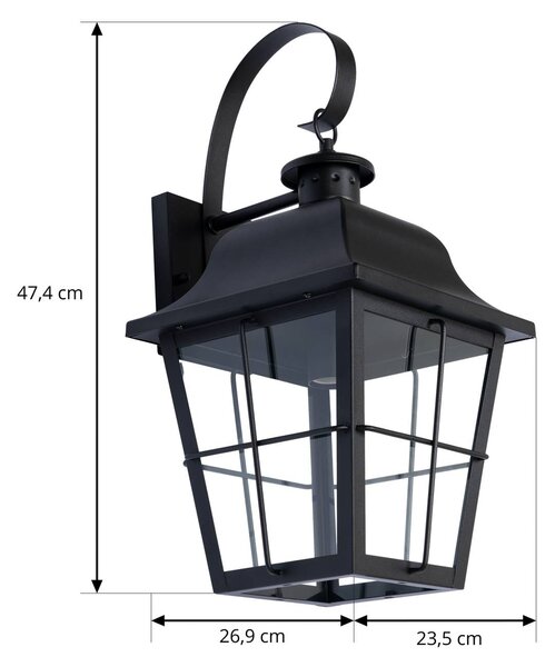 Lindby kültéri fali lámpa Mertollio, magasság 47 cm, fekete, üveg, dimmelhető, Fekete, fém, Vintage