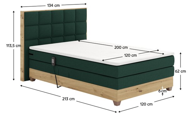 KONDELA Elektromos állítható ágy, boxspring, zöld/artisan tölgy, 120x200, TIANA