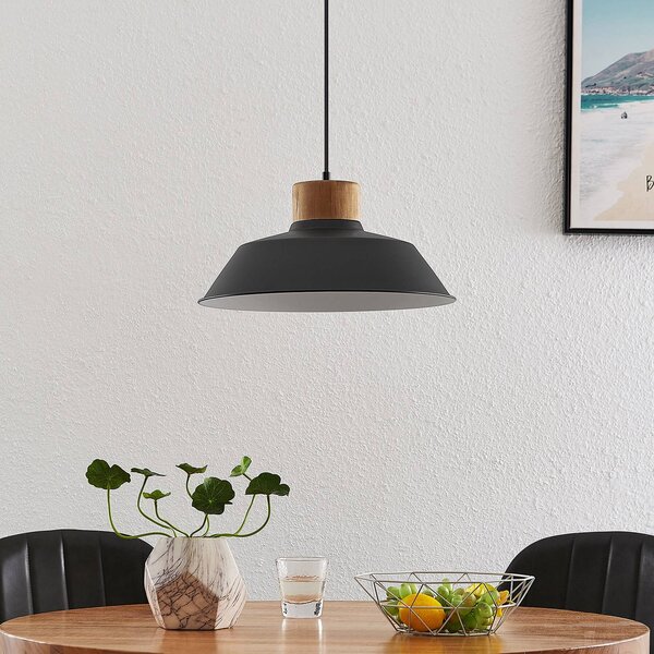 Lindby függőlámpa Nefeli, Ø 42 cm, fekete, fa, fém, dimmelhető, Fekete, Nappali / Étkező, fém, Vintage