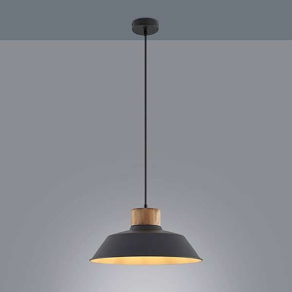 Lindby függőlámpa Nefeli, Ø 42 cm, fekete, fa, fém, dimmelhető, Fekete, Nappali / Étkező, fém, Vintage