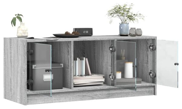 Szürke sonoma színű TV-szekrény üvegajtókkal 102 x 37 x 42 cm