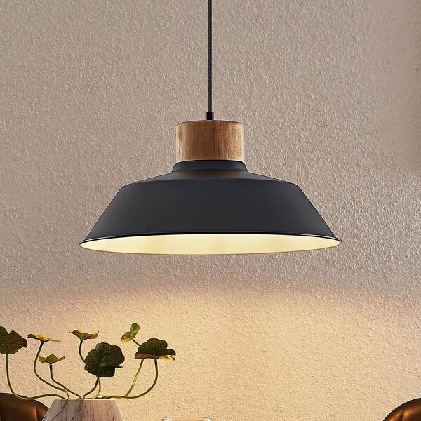 Lindby függőlámpa Nefeli, Ø 42 cm, fekete, fa, fém, dimmelhető, Fekete, Nappali / Étkező, fém, Vintage