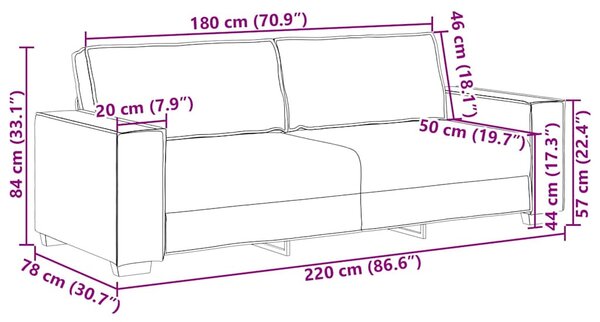 3-Fős kanapé Bordó 220 cm szövet