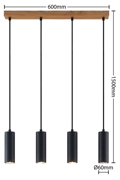 Lindby függőlámpa Maniva. 60 cm, 4-fényű, fekete, GU10, dimmelhető, Világos fa, Nappali / Étkező, fém, Modern