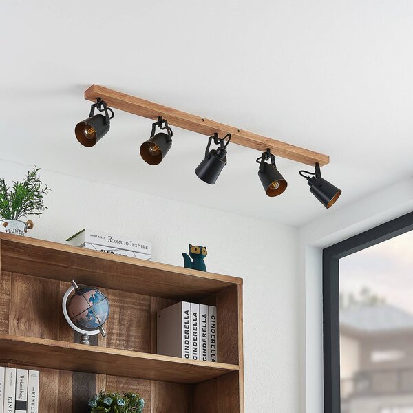 Lindby Kimban mennyezeti spotlámpa, 5 lámpás, 106 cm, fa, fém, dimmelhető, Sötét fa, Nappali / Étkező, Fa, Modern
