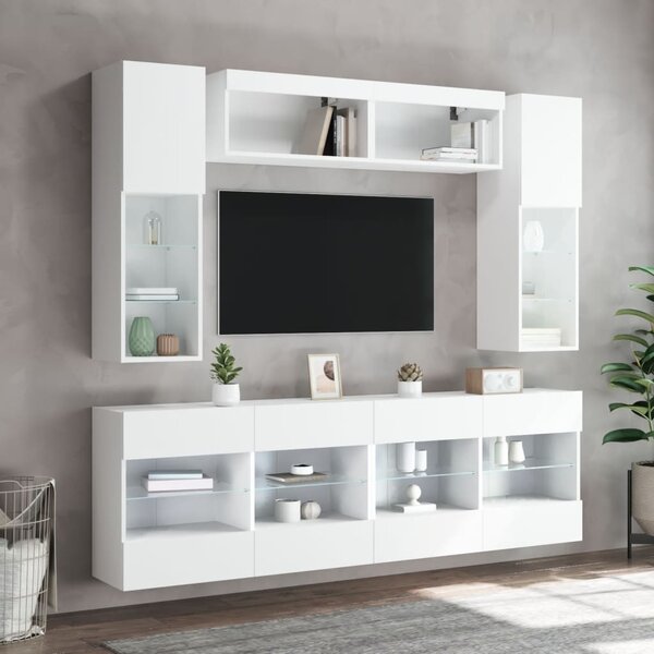 6 darabos fehér falra szerelhető TV-szekrényszett LED-ekkel