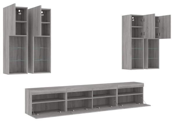 7 db szürke sonoma színű falra szerelhető TV-szekrény LED-ekkel