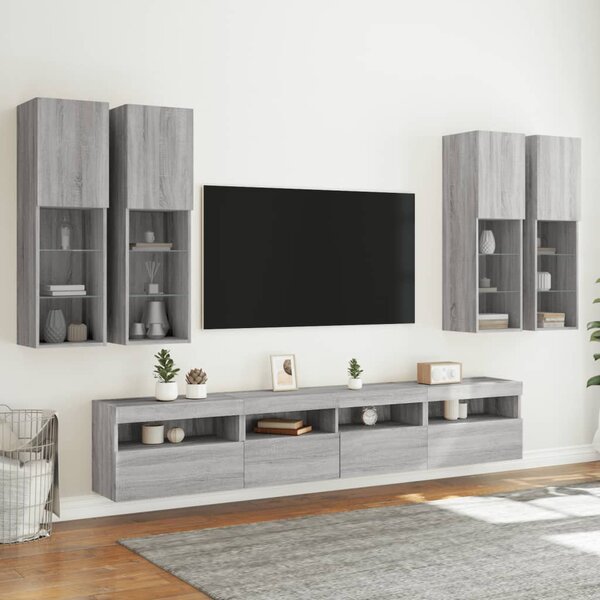 7 db szürke sonoma színű falra szerelhető TV-szekrény LED-ekkel